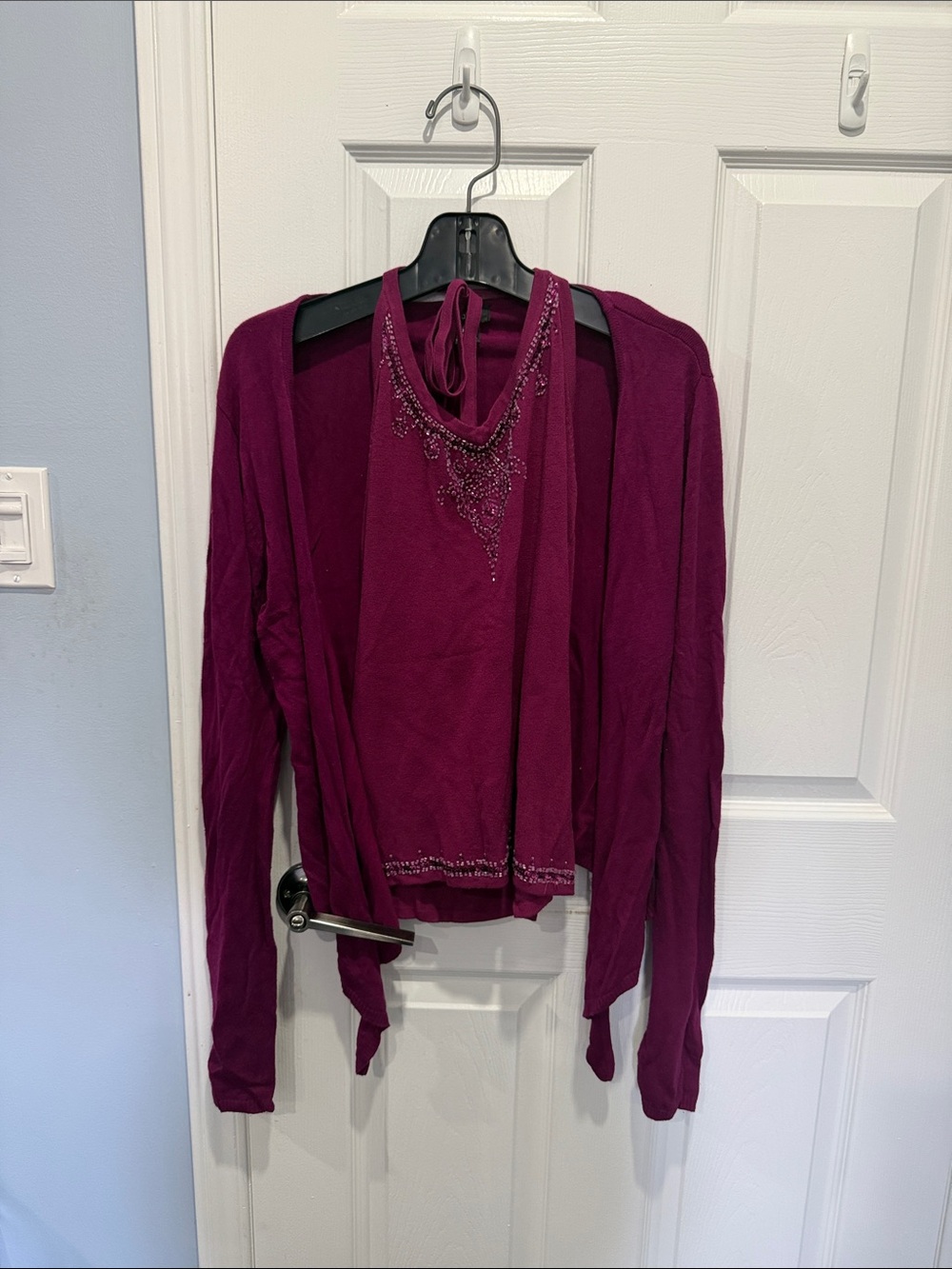 le chateau Plum Beaded Knit Cardigan Set